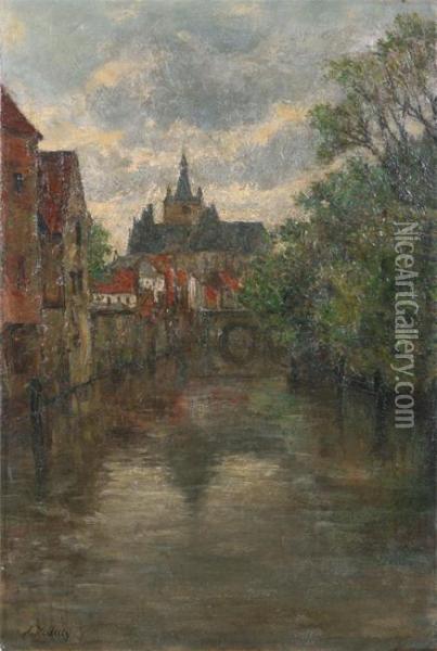 Canal In Ghent Oil Painting - Alphonse De Clercq