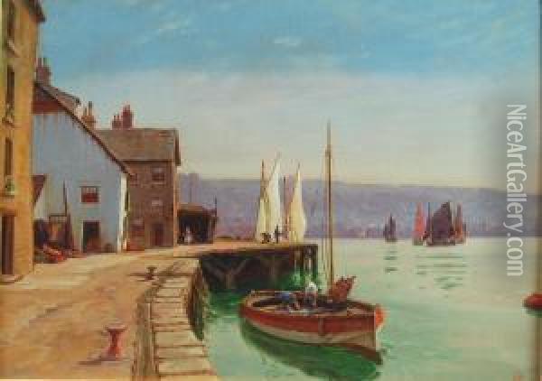 Fishermen Docked In Harbour Oil Painting - J.M. Mallander