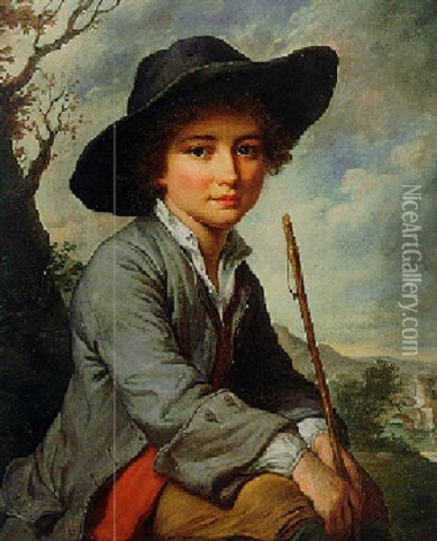 Portrait Of A Young Boy Seated In A Landscape Oil Painting - Catherine Lusurier