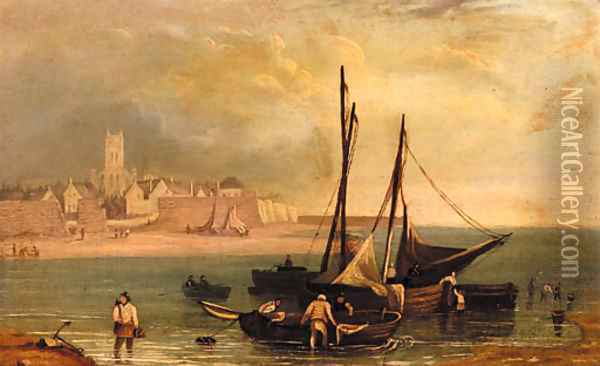 Fishermen by their boats close to shore with a town beyond Oil Painting - Robert Salmon