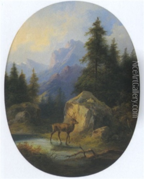 Hirsch Vor Einer Gebirgslandschaft Oil Painting - Eduard Boehm