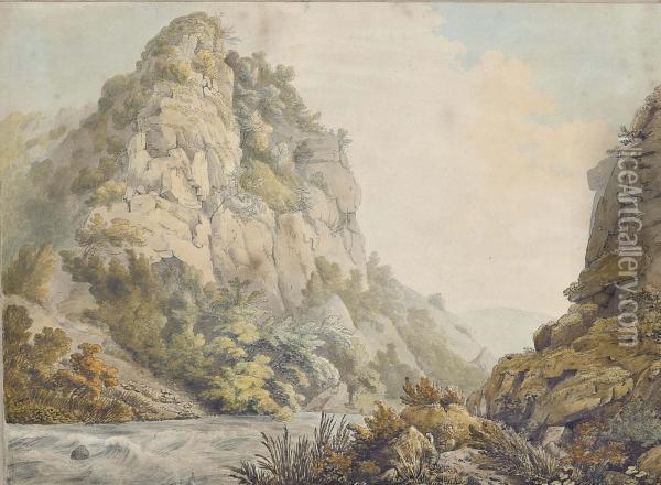 A Rocky River Landscape; And A River In Spate Running Through A Gorge Oil Painting - William Day