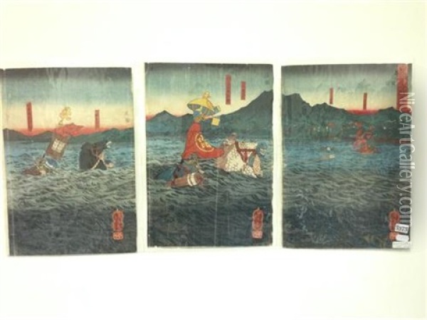 Ujigawa Civil War (3 Works) Oil Painting - Utagawa Kuniyoshi