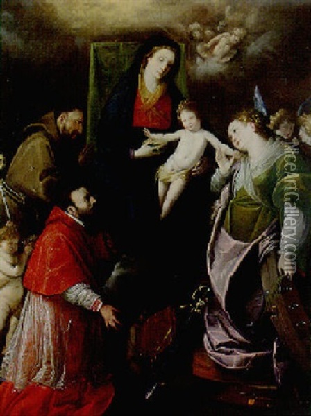 The Madonna And Child With Saints Catherine, Francis And Charles Borromeo Oil Painting - Giovanni Battista Crespi (il Cerano)