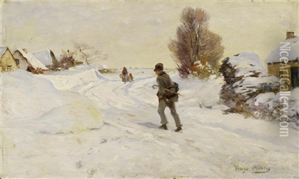 Auf Der Wintelich Verschneiten Dorfstrase Oil Painting - Hugo Muehlig
