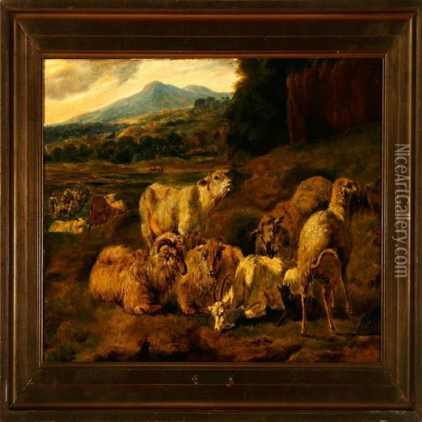 ?: Grazing Sheep In A Mountain Landscape. Unsigned Oil Painting - Wilhelm Zillen