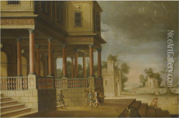 A Capriccio Landscape With Figures Returning To A Villa From Thehunt Oil Painting - Jose De Cieza