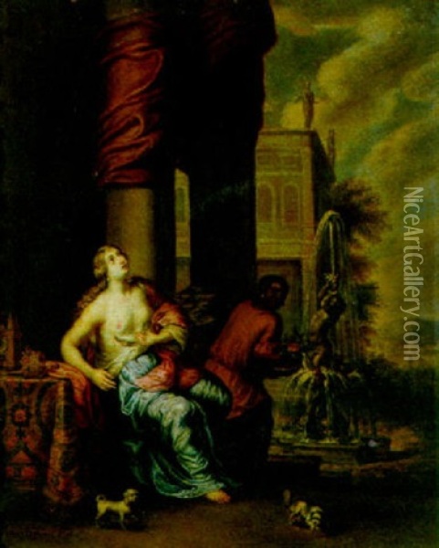 Cleopatra With A Servant In A Park Setting Oil Painting - Jan von Sandrart