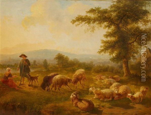 River Landscape With Shepherds And Their Flock Oil Painting - Balthasar Paul Ommeganck
