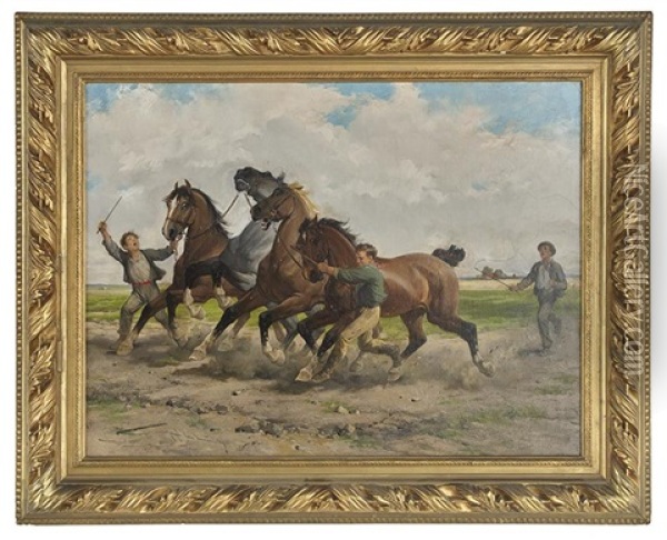 Taming The New Horses Oil Painting - Joseph Van Severdonck