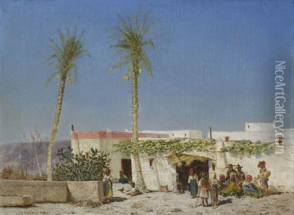 Bauerliches Idyll In Nordafrikanischem (?) Dorf Oil Painting - Giuseppe Garzolini