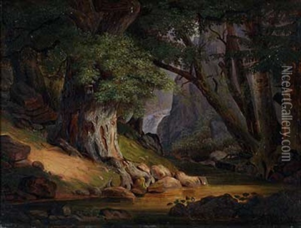 Sonnendurchflutetes Waldstuck Mit Eiche Vor Kleinem Wasserfall Oil Painting - Karl Friedrich Lessing