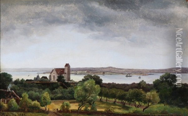 Danish Fiord Landscape With A Church Oil Painting - Frederik Hansen Sodring