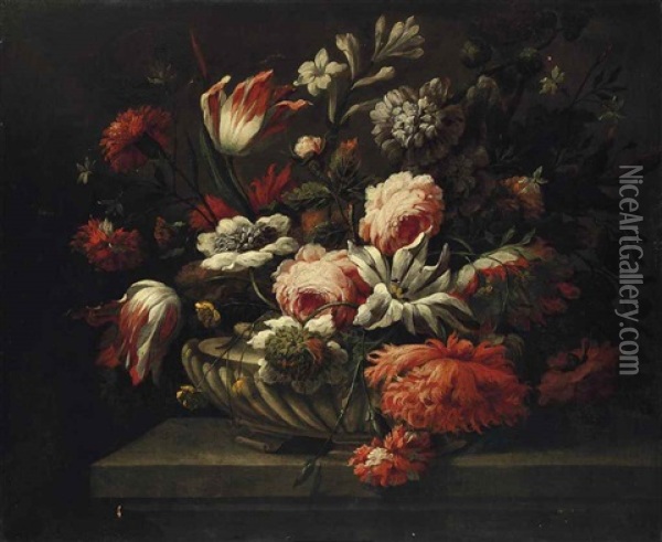 Roses, Tulips And Carnations In A Porcelain Vase, On A Stone Ledge Oil Painting - Pieter Hardime