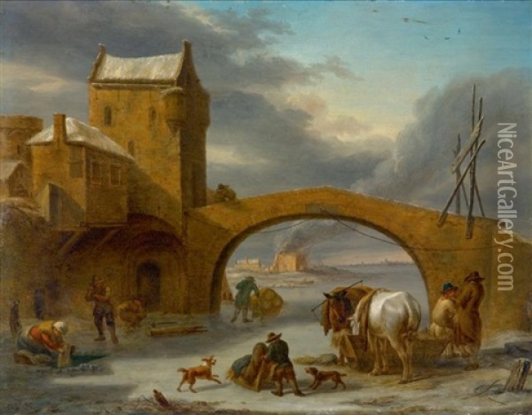 Pont Traversant Une Riviere Gelee Animee De Promeneurs Oil Painting - Cornelis Vermeulen