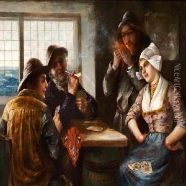 Three Fishermen And A Young Girl Playing Cards Oil Painting - J. Sellenati