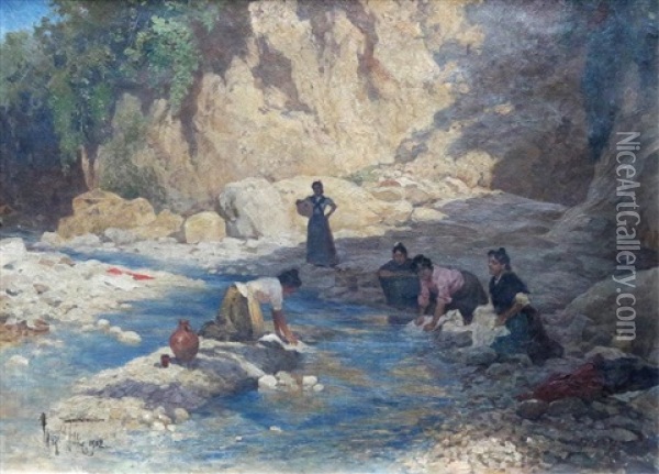 Women Washing Clothes In The River Oil Painting - Karl Max Tilke