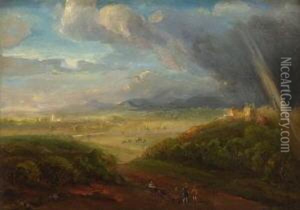 Hugelige Landschaft Mit
 Regenbogen. Oil Painting - Carl Rottmann