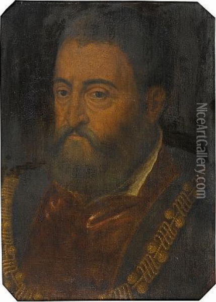 Portrait Of Alfonso D'este, Duke Of Ferrara, Bust-length, In Red Robes With A Gold Chain Oil Painting - Tiziano Vecellio (Titian)