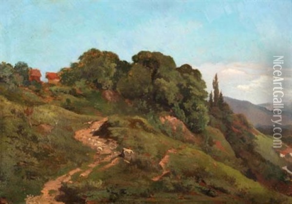 Hugelige, Baumbestandene Landschaft Mit Saumpfad Oil Painting - Barthelemy Menn