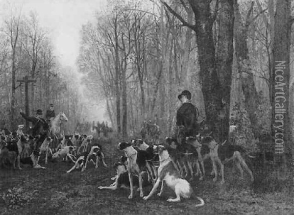 Jagdgesellschaft Mit Hunden Im Herbstlichen Wald Oil Painting - Jean Maxime Claude