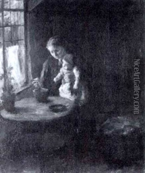 Baby's Feeding Oil Painting - Jacob Simon Hendrik Kever