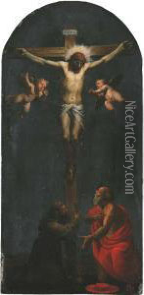 Christ On The Cross With Saint Francis Of Assisi And Saint Jerome Oil Painting - Pasquale Ottino