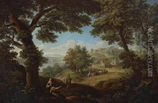 A Wooded Landscape With Figures Resting By A Tree And A Hill Town Beyond Oil Painting - Paolo Anesi