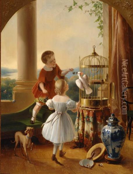 Playing Children With Bird Oil Painting - Pieter Gerardus Bernhard