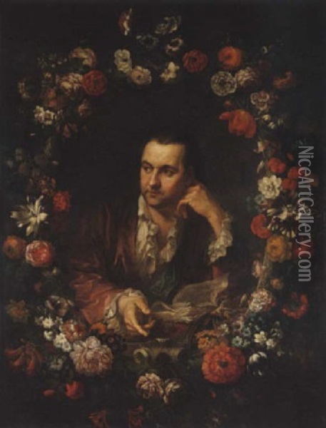 Portrait Of A Man, Reading A Book, Within A Garland Of Flowers Oil Painting - Johann (Jan) Kupetzki
