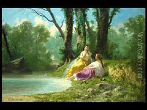 Zwei Frauen Am Bach Oil Painting - Auguste Viande Doviane