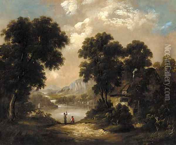 Anglers in a lake landscape Oil Painting - George Barret