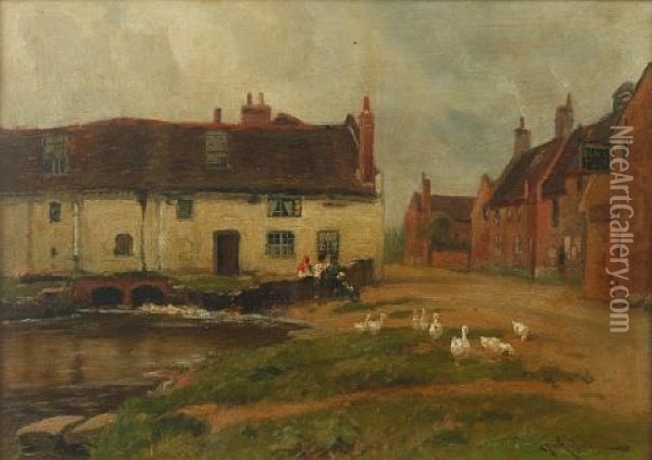 Ducks By A Village River Oil Painting - Arthur William Redgate