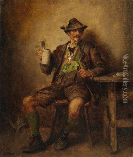 Tyrolean Peasant With A Beer Mug And Pipe Oil Painting - Ludwig Knaus