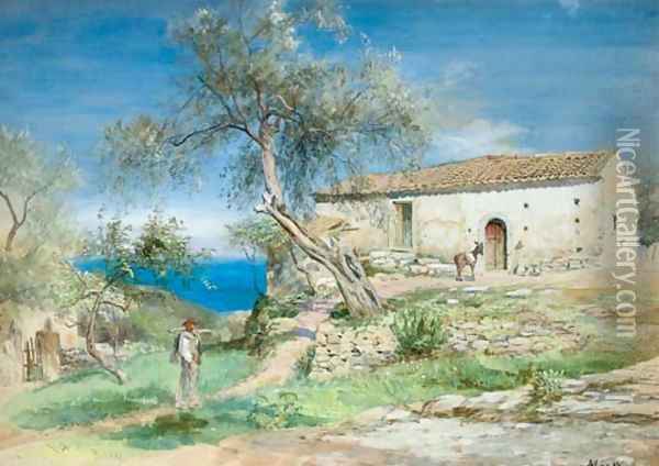 A Villa at Taormina, Sicily Oil Painting - John MacWhirter