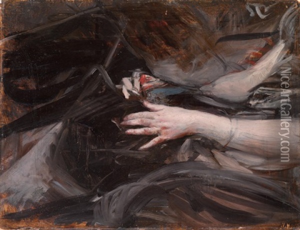 Female Hands Sewing Oil Painting - Giovanni Boldini