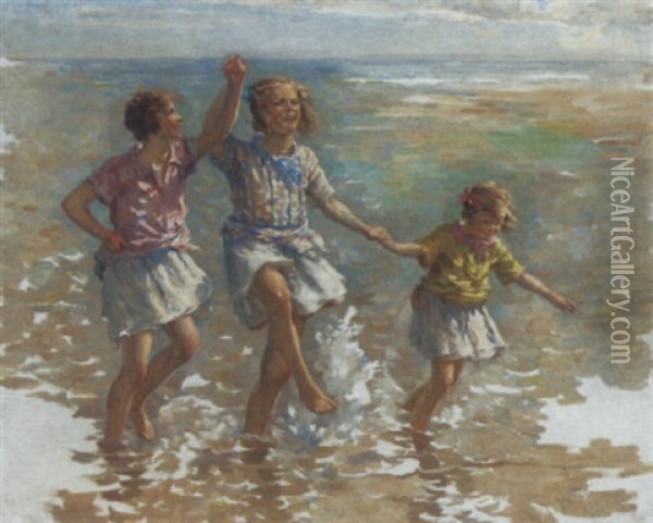 Paddling In The Sea Oil Painting - William Marshall Brown