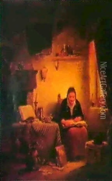 Femme Lisant Et Petit Singe Dans Un Interieur               Binnengezicht Met Lezende Vrouw En Aapje Oil Painting - Ferdinand de Braekeleer the Elder
