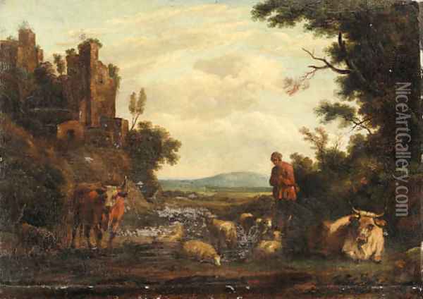 An Italianate river Landscape with a Drover Oil Painting - Dutch School
