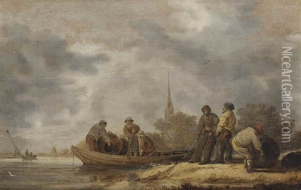 A River Landscape With Fishermen Bringing In Their Catch Oil Painting - Anthony Jansz van der Croos