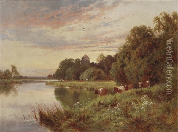 Cows Watering At Sunset Oil Painting - Henry H. Parker