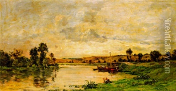Washer Women On The Banks Of A River Oil Painting - Charles Francois Daubigny