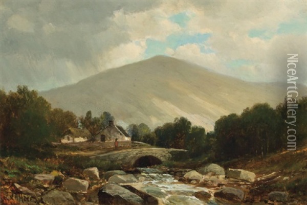 The Bridge; Running Brook; Cattle On A Path; Autumn Landscape (4 Works) Oil Painting - Joseph Antonio Hekking