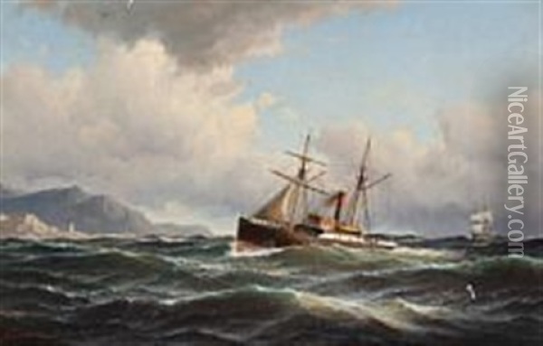 Steamboat At Sea Off A Rocky Coast Oil Painting - Carl Ludwig Bille