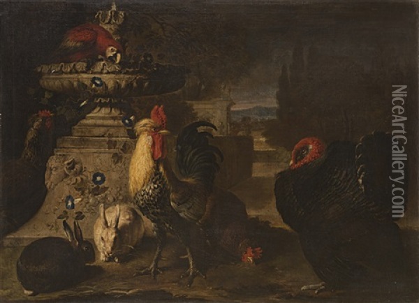Gallo, Tacchino, Conigli Ed Un Pappagallo In Un Paesaggio Oil Painting - David de Coninck