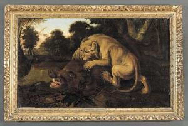 Leone Che Azzanna Un Cinghiale Oil Painting - Abraham Hondius