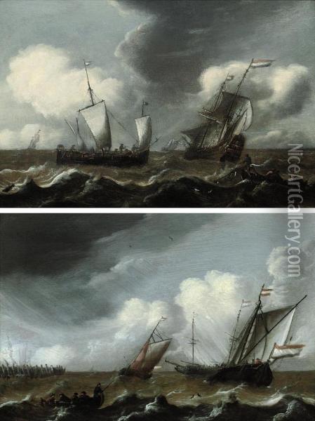 A Dutch Schooner, A Man-o'-war, And A Fishing Boat In Stormy Seas Oil Painting - Pieter Jansz. Coopse