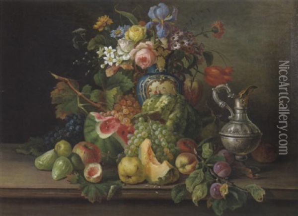Stilleben Mit Buntem Blumenstraus, Fruchten Und Karaffe Oil Painting - Franz Hohenberger
