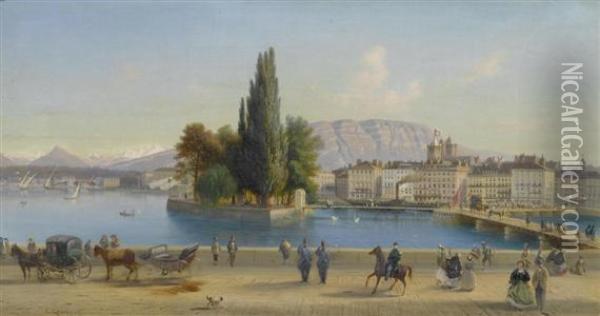 View Of Geneva Oil Painting - Charles Louis Guigon