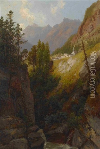 Gebirgslandschaft Mit Dorf - Wasserfall Im Gebirge (2 Works) Oil Painting - Josef Schoyerer